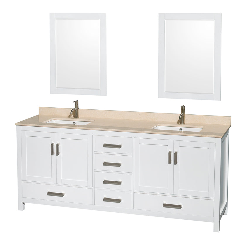 Wyndham AAA Sheffield 80" Double Bathroom Vanity In White Ivory Marble Countertop Undermount Square Sinks And 24" Mirrors WCS141480DWHIVUNSM24