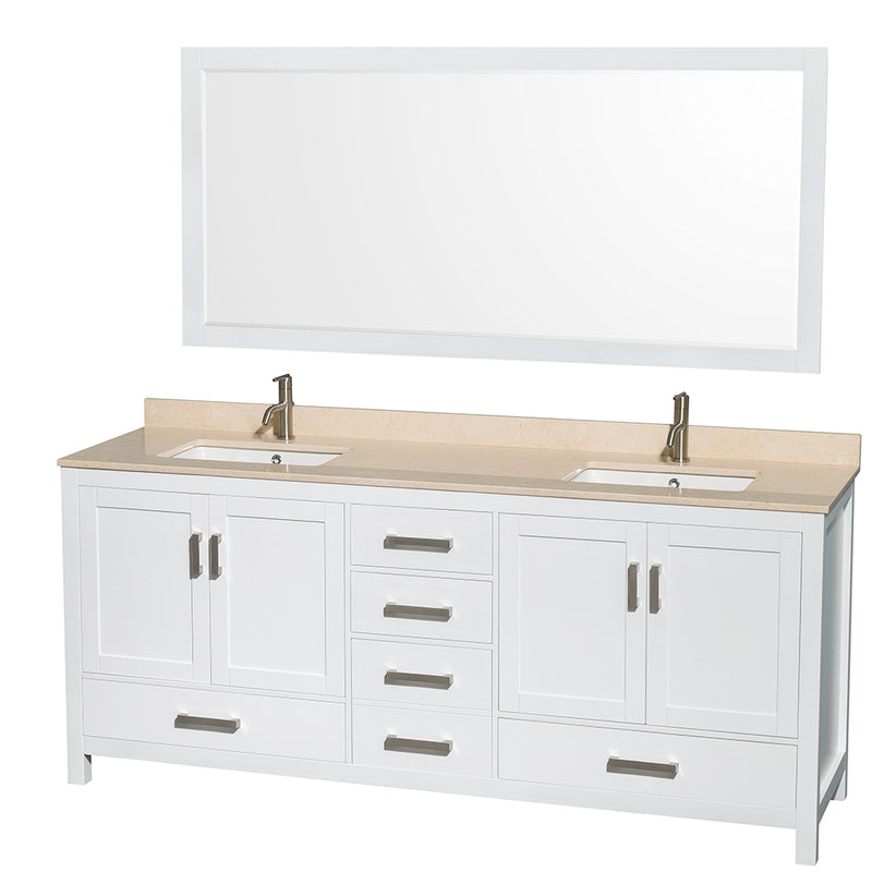 Wyndham AAA Sheffield 80" Double Bathroom Vanity In White Ivory Marble Countertop Undermount Square Sinks And 70" Mirror WCS141480DWHIVUNSM70