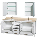 Wyndham AAA Sheffield 80" Double Bathroom Vanity In White Ivory Marble Countertop Undermount Square Sinks and Medicine Cabinets WCS141480DWHIVUNSMED