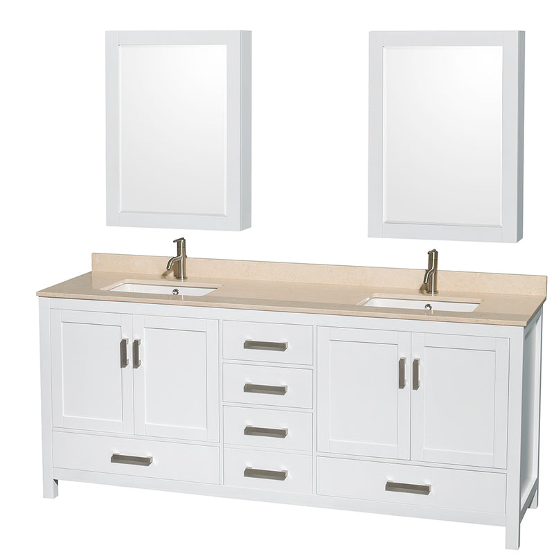 Wyndham AAA Sheffield 80" Double Bathroom Vanity In White Ivory Marble Countertop Undermount Square Sinks And Medicine Cabinets WCS141480DWHIVUNSMED