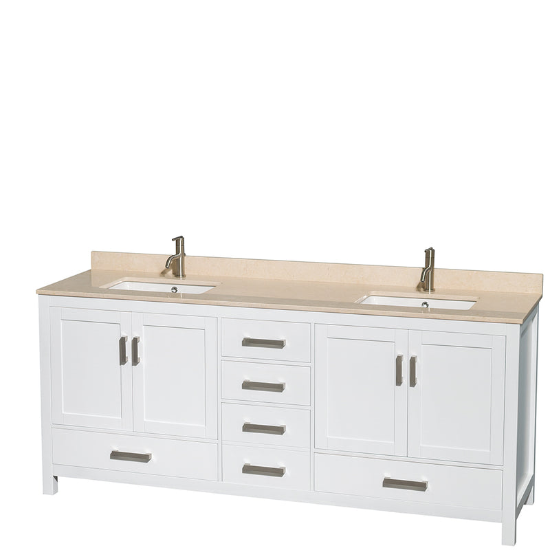 Wyndham AAA Sheffield 80" Double Bathroom Vanity In White Ivory Marble Countertop Undermount Square Sinks and 70" Mirror WCS141480DWHIVUNSM70