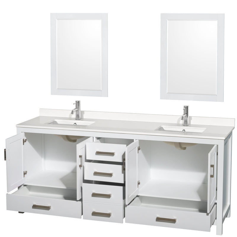 Wyndham AAA Sheffield 80" Double Bathroom Vanity In White with White Quartz Countertop Undermount Square Sinks and 24" Mirrors WCS141480DWHWQUNSM24