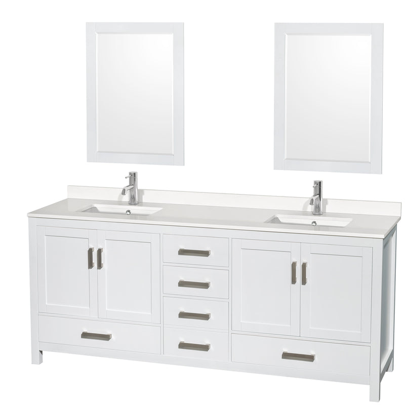 Wyndham AAA Sheffield 80" Double Bathroom Vanity In White With White Quartz Countertop Undermount Square Sinks And 24" Mirrors WCS141480DWHWQUNSM24