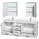 Wyndham AAA Sheffield 80" Double Bathroom Vanity In White with White Quartz Countertop Undermount Square Sinks and Medicine Cabinets WCS141480DWHWQUNSMED