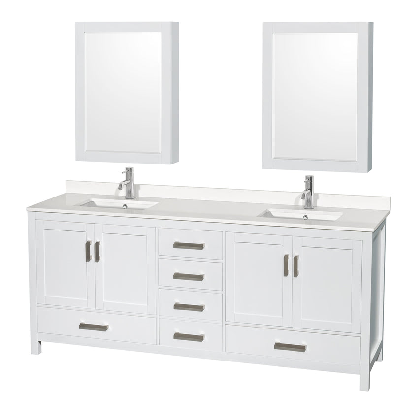 Wyndham AAA Sheffield 80" Double Bathroom Vanity In White With White Quartz Countertop Undermount Square Sinks And Medicine Cabinets WCS141480DWHWQUNSMED