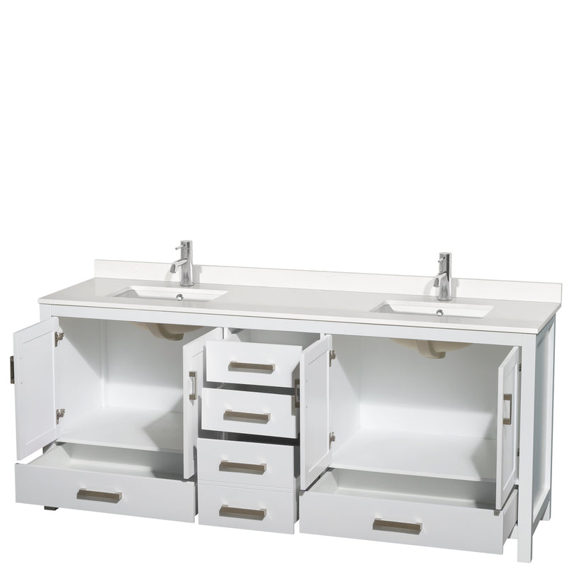 Wyndham AAA Sheffield 80" Double Bathroom Vanity In White with White Quartz Countertop Undermount Square Sinks and No Mirror WCS141480DWHWQUNSMXX