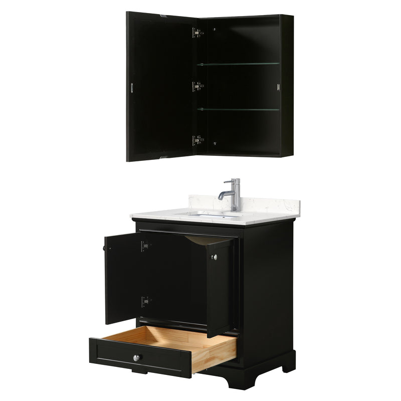 Wyndham Deborah 30" Single Bathroom Vanity In Dark Espresso with Light-Vein Carrara Cultured Marble Countertop Undermount Square Sink and Medicine Cabinet WCS202030SDEC2UNSMED