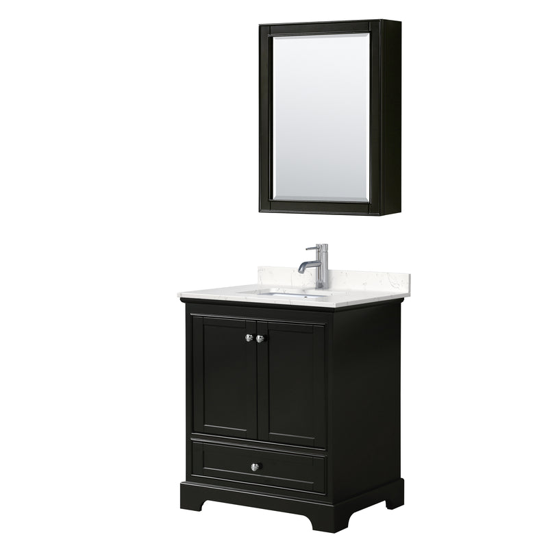 Wyndham Deborah 30" Single Bathroom Vanity In Dark Espresso With Light-Vein Carrara Cultured Marble Countertop Undermount Square Sink And Medicine Cabinet WCS202030SDEC2UNSMED