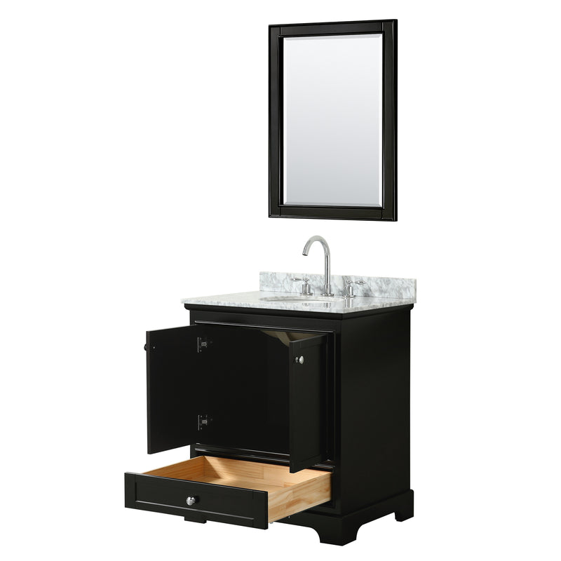 Wyndham Deborah 30" Single Bathroom Vanity In Dark Espresso White Carrara Marble Countertop Undermount Oval Sink and 24" Mirror WCS202030SDECMUNOM24