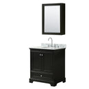 Wyndham Deborah 30" Single Bathroom Vanity In Dark Espresso White Carrara Marble Countertop Undermount Oval Sink And Medicine Cabinet WCS202030SDECMUNOMED