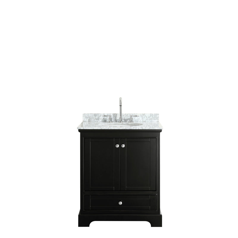 Wyndham Deborah 30" Single Bathroom Vanity In Dark Espresso White Carrara Marble Countertop Undermount Oval Sink and No Mirror WCS202030SDECMUNOMXX