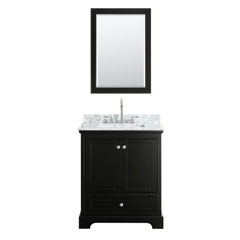 Wyndham Deborah 30" Single Bathroom Vanity In Dark Espresso White Carrara Marble Countertop Undermount Square Sink and 24" Mirror WCS202030SDECMUNSM24