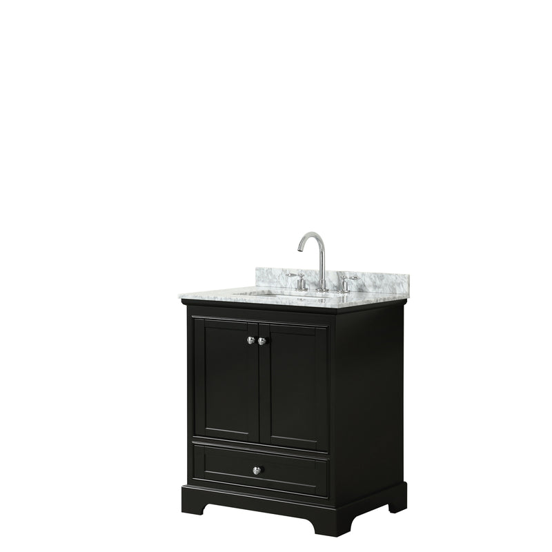 Wyndham Deborah 30" Single Bathroom Vanity In Dark Espresso White Carrara Marble Countertop Undermount Square Sink And No Mirror WCS202030SDECMUNSMXX