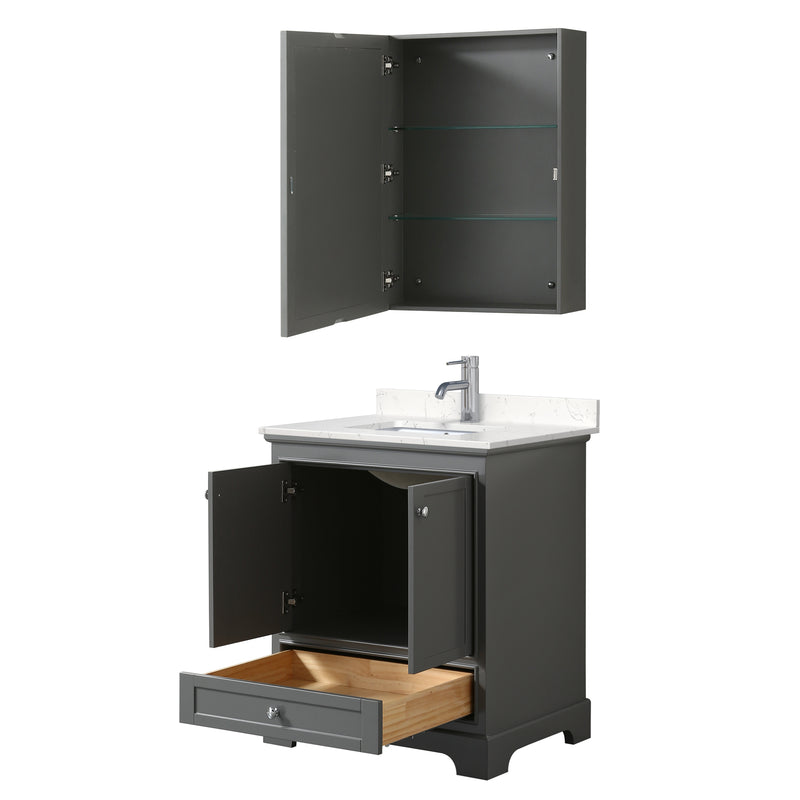 Wyndham Deborah 30" Single Bathroom Vanity In Dark Gray with Light-Vein Carrara Cultured Marble Countertop Undermount Square Sink and Medicine Cabinet WCS202030SKGC2UNSMED