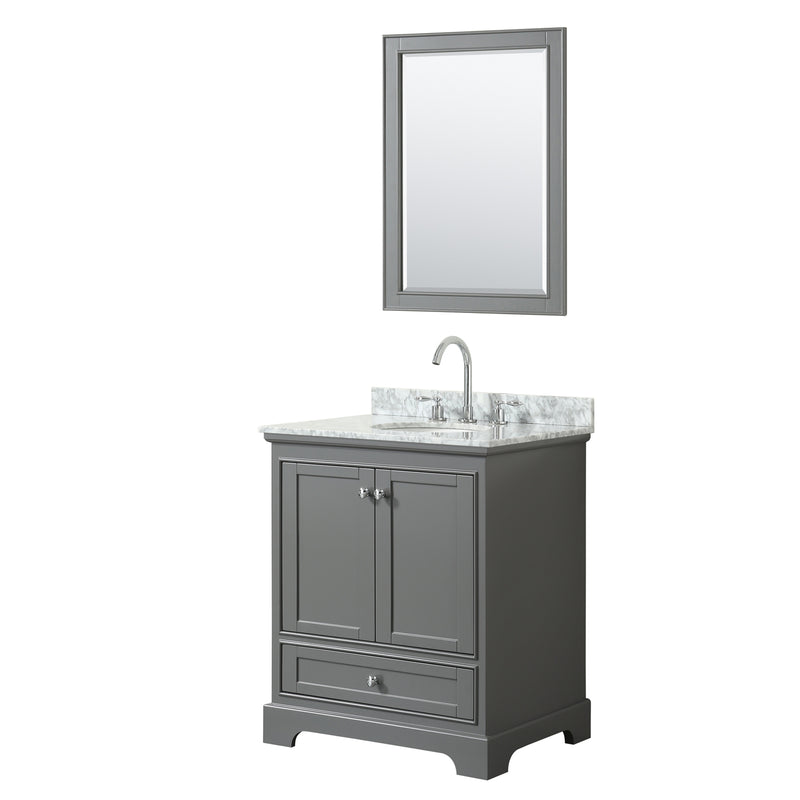 Wyndham Deborah 30" Single Bathroom Vanity In Dark Gray White Carrara Marble Countertop Undermount Oval Sink And 24" Mirror WCS202030SKGCMUNOM24