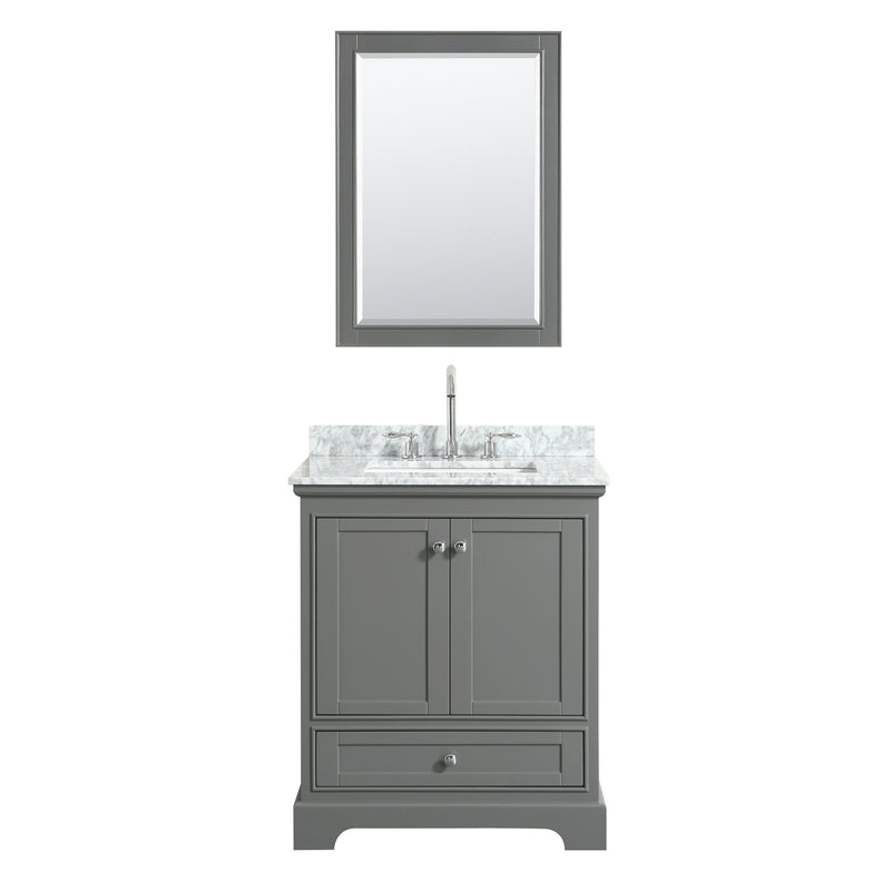 Wyndham Deborah 30" Single Bathroom Vanity In Dark Gray White Carrara Marble Countertop Undermount Square Sink and 24" Mirror WCS202030SKGCMUNSM24