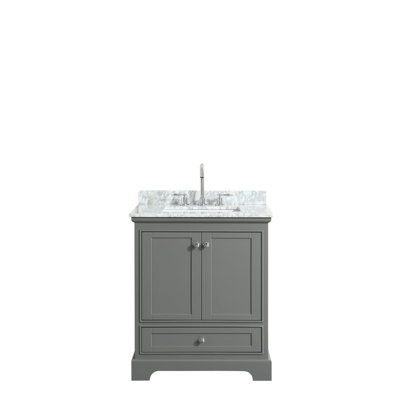 Wyndham Deborah 30" Single Bathroom Vanity In Dark Gray White Carrara Marble Countertop Undermount Square Sink and No Mirror WCS202030SKGCMUNSMXX