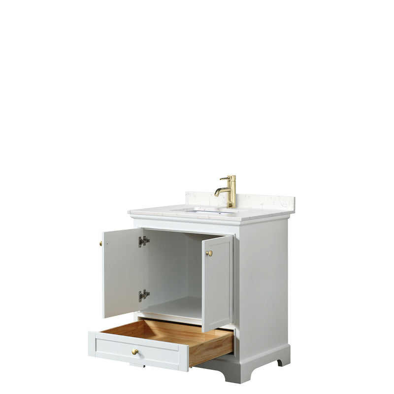 Wyndham Deborah 30" Single Bathroom Vanity In White with Light-Vein Carrara Cultured Marble Countertop Undermount Square Sink Brushed Gold Trims and No Mirror WCS202030SWGC2UNSMXX