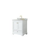 Wyndham Deborah 30" Single Bathroom Vanity In White With White Carrara Marble Countertop Undermount Oval Sink Brushed Gold Trims And No Mirror WCS202030SWGCMUNOMXX