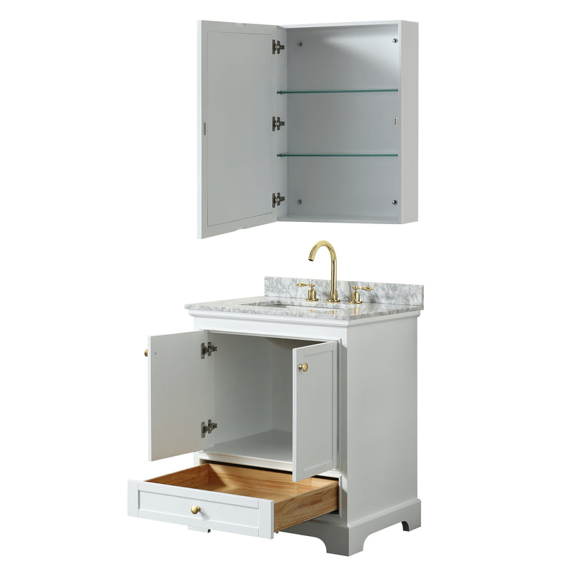 Wyndham Deborah 30" Single Bathroom Vanity In White with White Carrara Marble Countertop Undermount Square Sink Brushed Gold Trims and Medicine Cabinet WCS202030SWGCMUNSMED