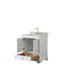 Wyndham Deborah 30" Single Bathroom Vanity In White with White Carrara Marble Countertop Undermount Square Sink Brushed Gold Trims and No Mirror WCS202030SWGCMUNSMXX