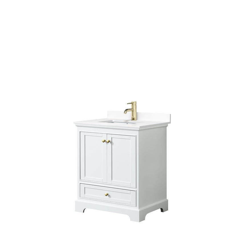 Wyndham Deborah 30" Single Bathroom Vanity In White With White Cultured Marble Countertop Undermount Square Sink Brushed Gold Trims And No Mirror WCS202030SWGWCUNSMXX