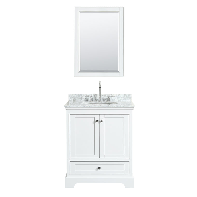 Wyndham Deborah 30" Single Bathroom Vanity In White White Carrara Marble Countertop Undermount Oval Sink and 24" Mirror WCS202030SWHCMUNOM24