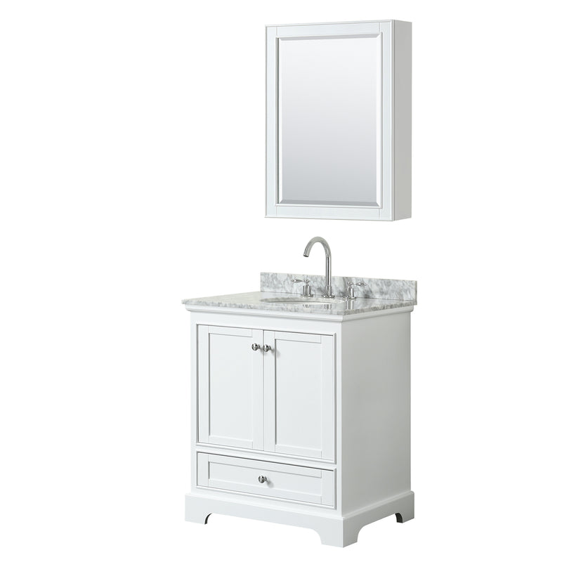 Wyndham Deborah 30" Single Bathroom Vanity In White White Carrara Marble Countertop Undermount Oval Sink And Medicine Cabinet WCS202030SWHCMUNOMED