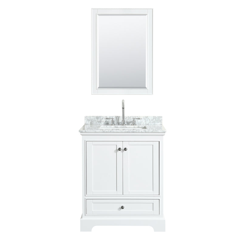 Wyndham Deborah 30" Single Bathroom Vanity In White White Carrara Marble Countertop Undermount Square Sink and 24" Mirror WCS202030SWHCMUNSM24