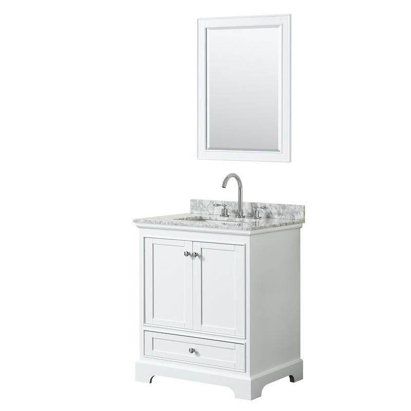 Wyndham Deborah 30" Single Bathroom Vanity In White White Carrara Marble Countertop Undermount Square Sink And 24" Mirror WCS202030SWHCMUNSM24