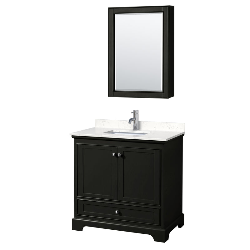 Wyndham Deborah 36" Single Bathroom Vanity In Dark Espresso With Light-Vein Carrara Cultured Marble Countertop Undermount Square Sink And Medicine Cabinet WCS202036SDEC2UNSMED