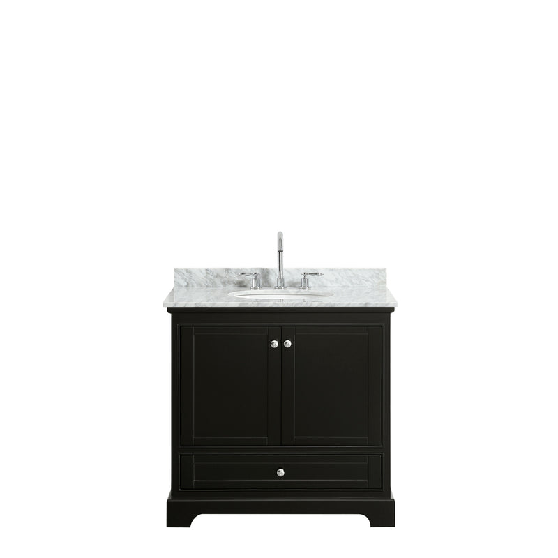 Wyndham Deborah 36" Single Bathroom Vanity In Dark Espresso White Carrara Marble Countertop Undermount Oval Sink and No Mirror WCS202036SDECMUNOMXX