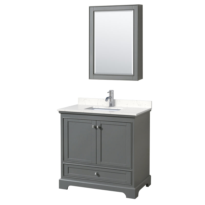 Wyndham Deborah 36" Single Bathroom Vanity In Dark Gray With Light-Vein Carrara Cultured Marble Countertop Undermount Square Sink And Medicine Cabinet WCS202036SKGC2UNSMED