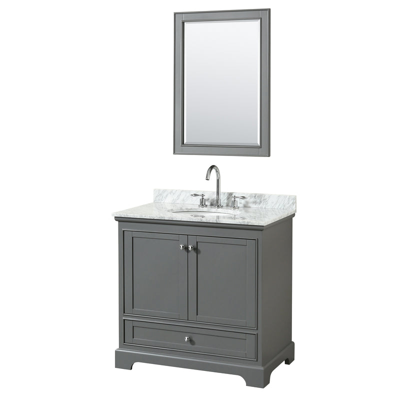 Wyndham Deborah 36" Single Bathroom Vanity In Dark Gray With White Carrara Marble Countertop Undermount Oval Sink And 24" Mirror WCS202036SKGCMUNOM24