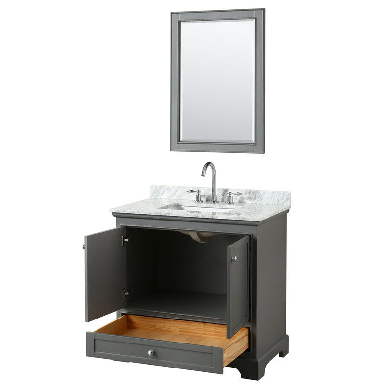 Wyndham Deborah 36" Single Bathroom Vanity In Dark Gray with White Carrara Marble Countertop Undermount Square Sink and 24" Mirror WCS202036SKGCMUNSM24