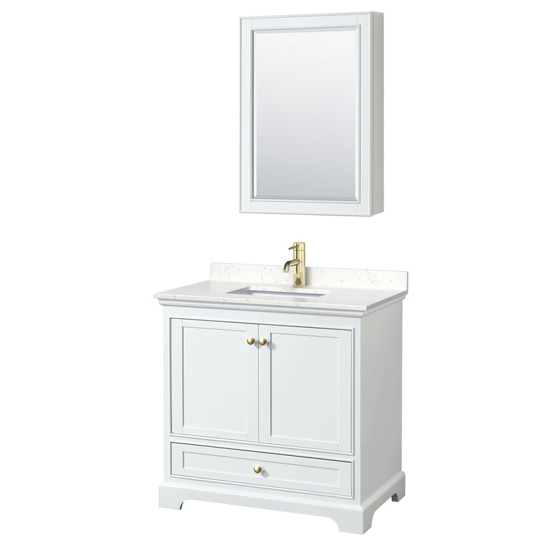 Wyndham Deborah 36" Single Bathroom Vanity In White With Light-Vein Carrara Cultured Marble Countertop Undermount Square Sink Brushed Gold Trims And Medicine Cabinet WCS202036SWGC2UNSMED