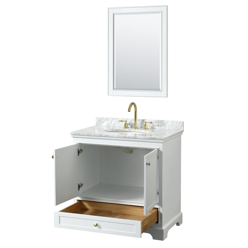 Wyndham Deborah 36" Single Bathroom Vanity In White with White Carrara Marble Countertop Undermount Oval Sink Brushed Gold Trims and 24" Mirror WCS202036SWGCMUNOM24