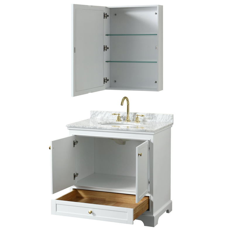 Wyndham Deborah 36" Single Bathroom Vanity In White with White Carrara Marble Countertop Undermount Oval Sink Brushed Gold Trims and Medicine Cabinet WCS202036SWGCMUNOMED