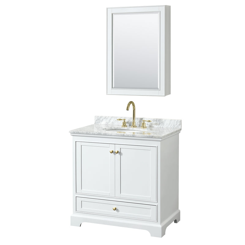 Wyndham Deborah 36" Single Bathroom Vanity In White With White Carrara Marble Countertop Undermount Oval Sink Brushed Gold Trims And Medicine Cabinet WCS202036SWGCMUNOMED