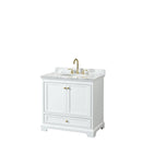 Wyndham Deborah 36" Single Bathroom Vanity In White With White Carrara Marble Countertop Undermount Oval Sink Brushed Gold Trims And No Mirror WCS202036SWGCMUNOMXX