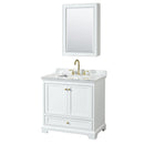 Wyndham Deborah 36" Single Bathroom Vanity In White With White Carrara Marble Countertop Undermount Square Sink Brushed Gold Trims And Medicine Cabinet WCS202036SWGCMUNSMED