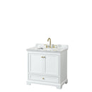 Wyndham Deborah 36" Single Bathroom Vanity In White With White Carrara Marble Countertop Undermount Square Sink Brushed Gold Trims And No Mirror WCS202036SWGCMUNSMXX