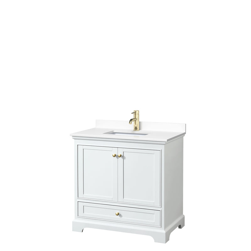 Wyndham Deborah 36" Single Bathroom Vanity In White With White Cultured Marble Countertop Undermount Square Sink Brushed Gold Trims And No Mirror WCS202036SWGWCUNSMXX