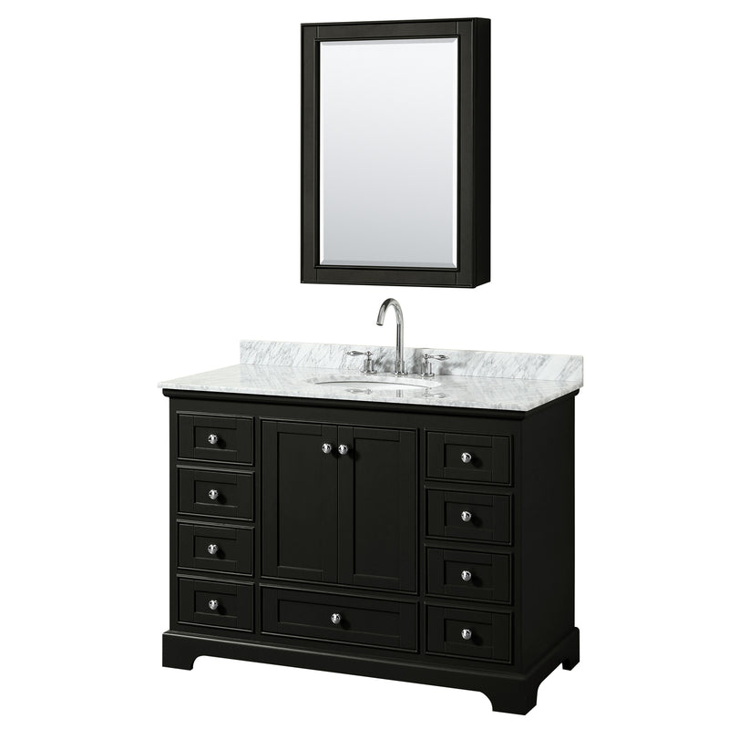 Wyndham Deborah 48" Single Bathroom Vanity In Dark Espresso White Carrara Marble Countertop Undermount Oval Sink And Medicine Cabinet WCS202048SDECMUNOMED