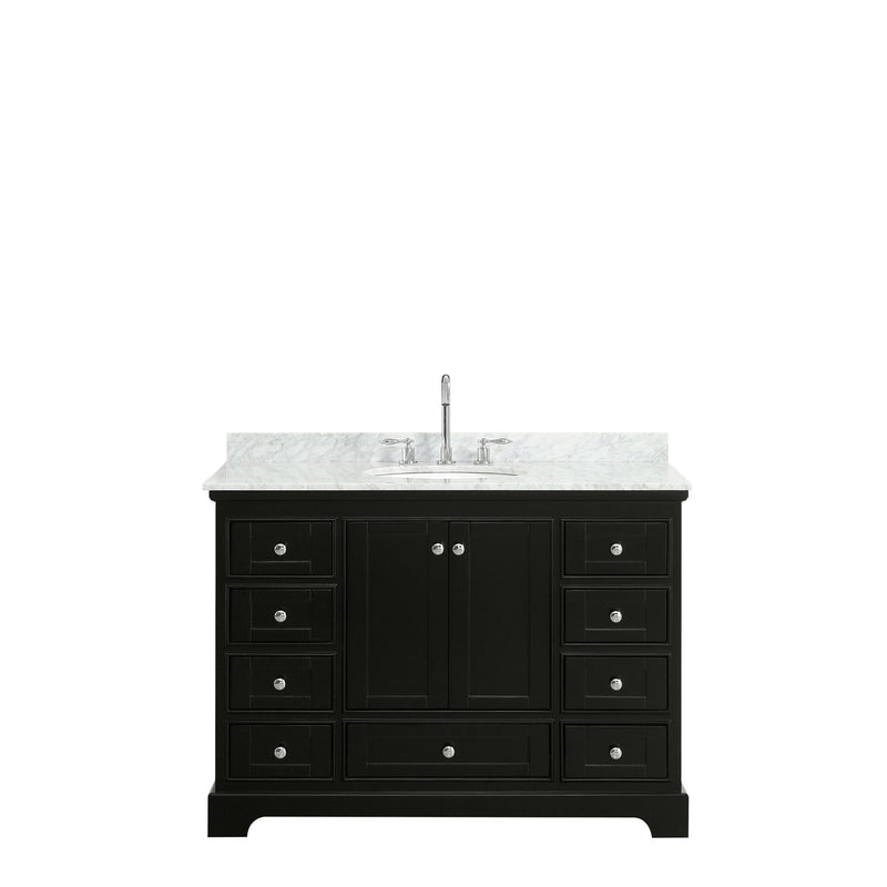 Wyndham Deborah 48" Single Bathroom Vanity In Dark Espresso White Carrara Marble Countertop Undermount Oval Sink and No Mirror WCS202048SDECMUNOMXX