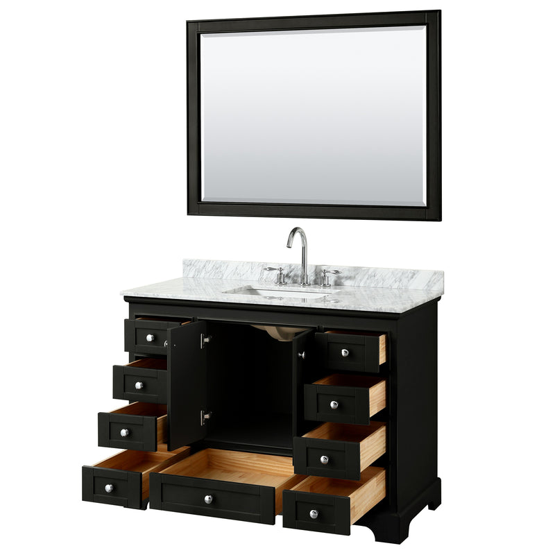 Wyndham Deborah 48" Single Bathroom Vanity In Dark Espresso White Carrara Marble Countertop Undermount Square Sink and 46" Mirror WCS202048SDECMUNSM46