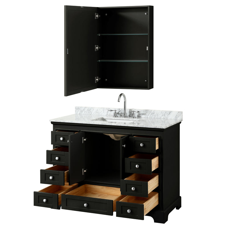 Wyndham Deborah 48" Single Bathroom Vanity In Dark Espresso White Carrara Marble Countertop Undermount Square Sink and Medicine Cabinet WCS202048SDECMUNSMED