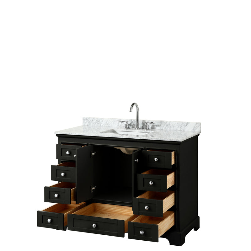 Wyndham Deborah 48" Single Bathroom Vanity In Dark Espresso White Carrara Marble Countertop Undermount Square Sink and No Mirror WCS202048SDECMUNSMXX