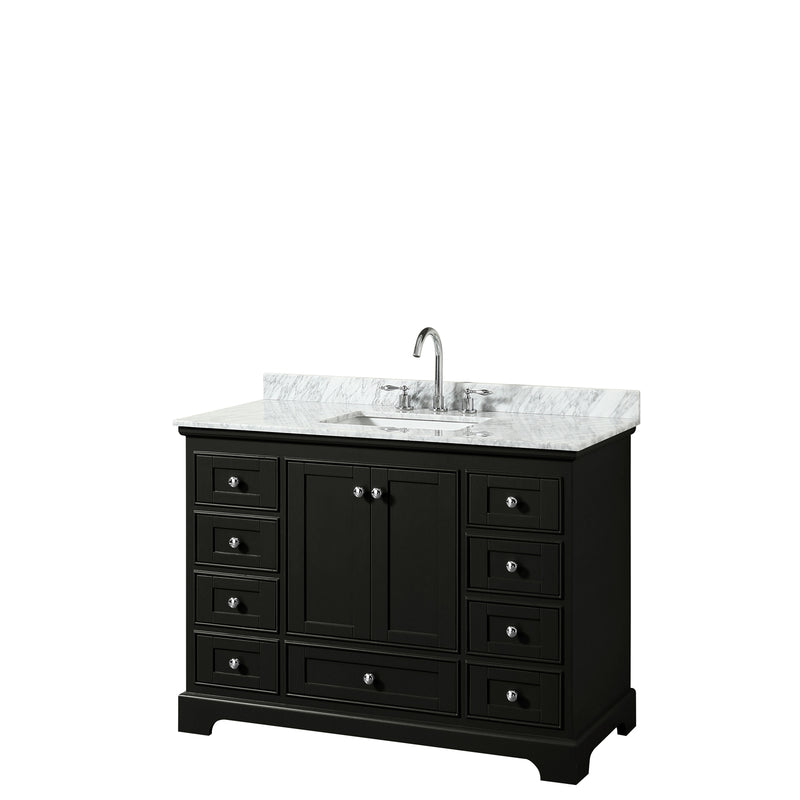 Wyndham Deborah 48" Single Bathroom Vanity In Dark Espresso White Carrara Marble Countertop Undermount Square Sink And No Mirror WCS202048SDECMUNSMXX