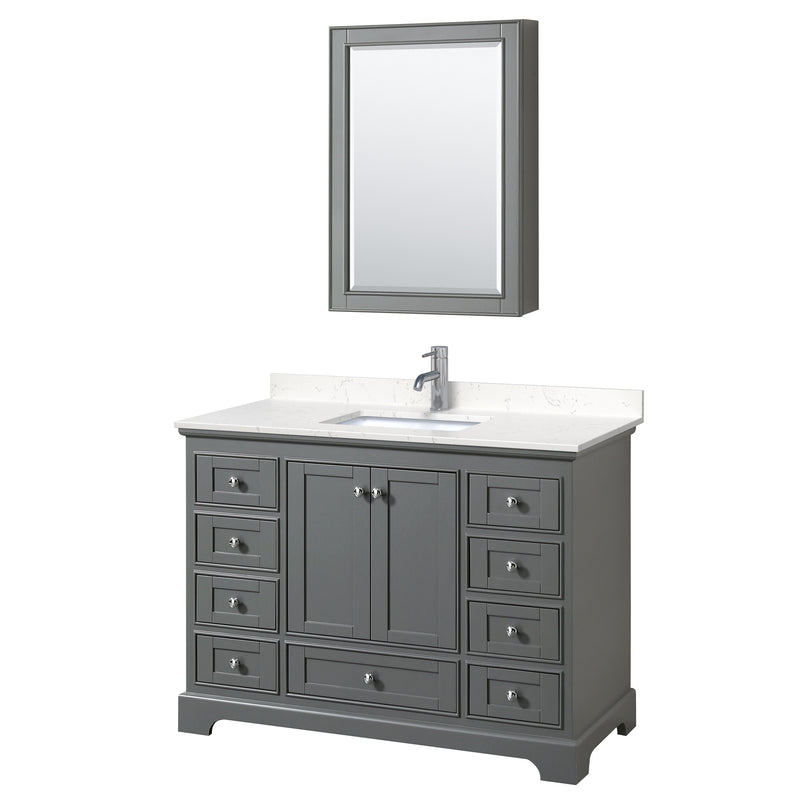 Wyndham Deborah 48" Single Bathroom Vanity In Dark Gray With Light-Vein Carrara Cultured Marble Countertop Undermount Square Sink And Medicine Cabinet WCS202048SKGC2UNSMED